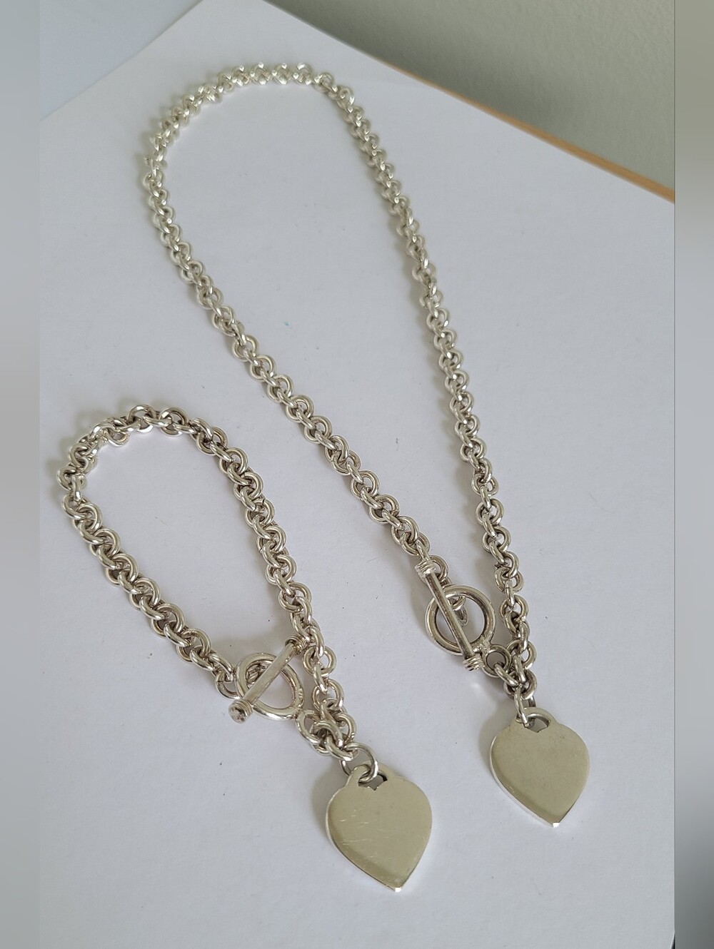 Vintage Sterling Silver 925 Luxury Heart Tag Charm Toggle Necklace Bracelet Set